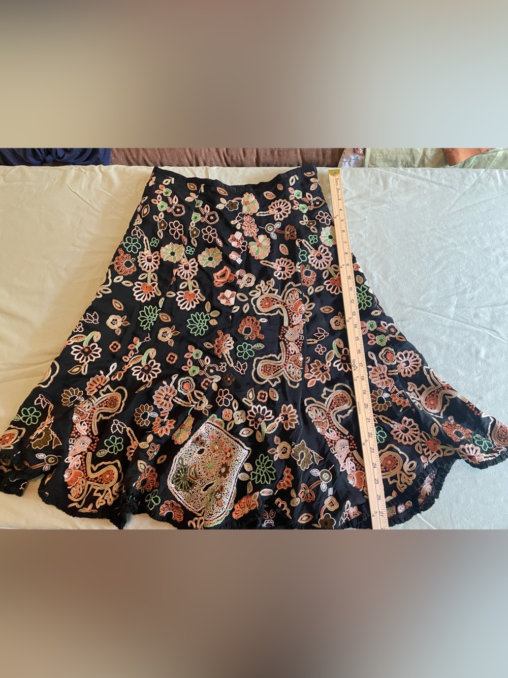 Black Floral Embroidered A-Line 100% Silk Skirt